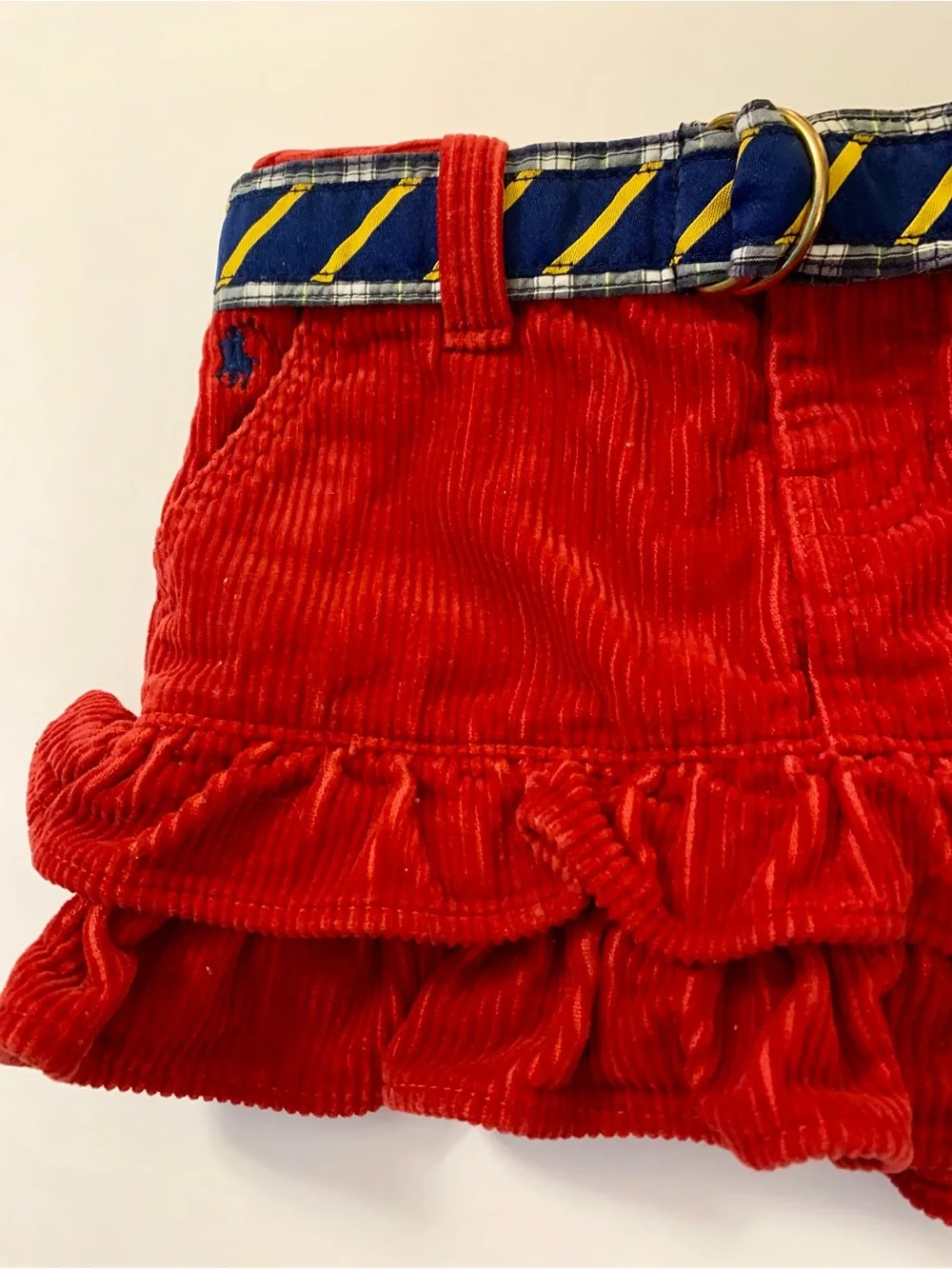 Ralph Lauren Red Corduroy Ruffle Skirt with Navy & Yellow Striped Belt